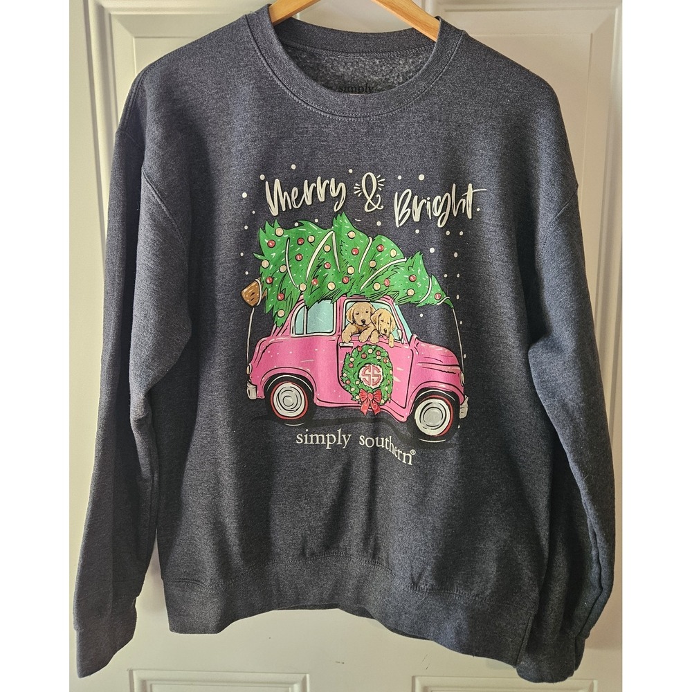 Simply Southern Merry &‎ Bright Christmas Sweatshirt Womens Medium Gray Pink...
